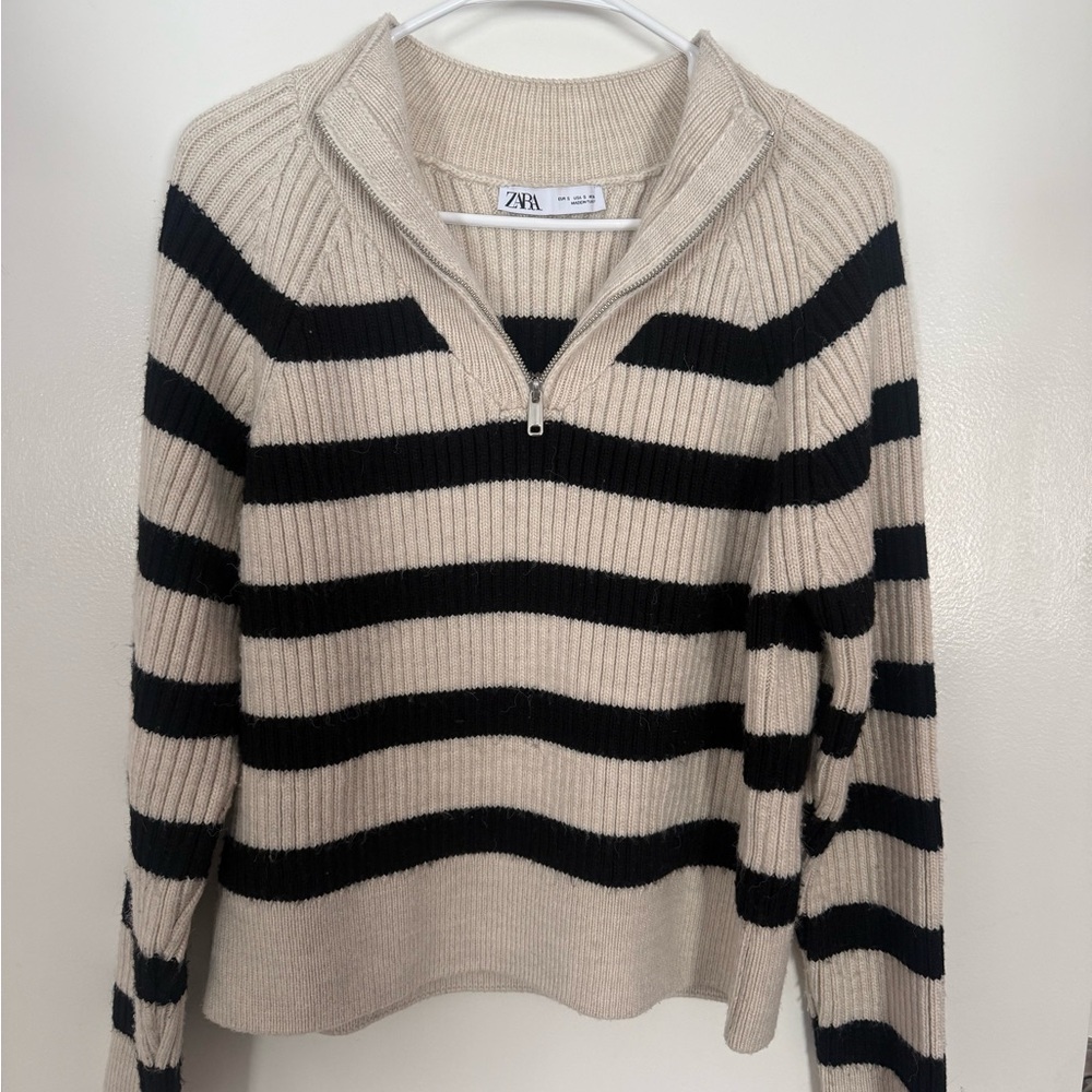 Zara Women's Black and Cream Striped Cowl Neck Sweater